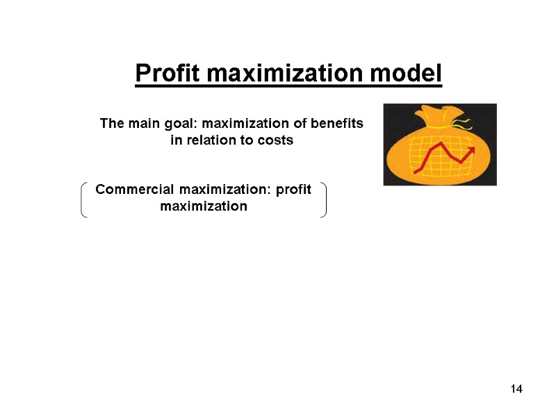 Profit maximization model The main goal: maximization of benefits in relation to costs Commercial